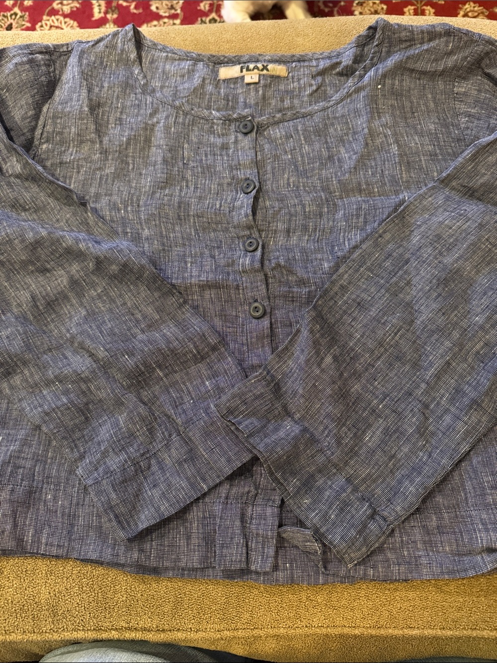 100% Linen Tunic Top Button Front Shirt Blue and White Size Large Flax (TD)
